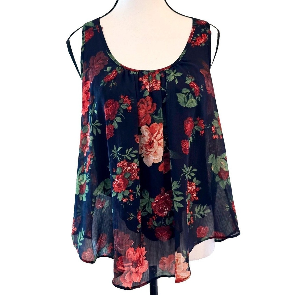 Ambiance Apparel Floral Tank Top Womens L Navy Blue Chiffon Racerback Pleated